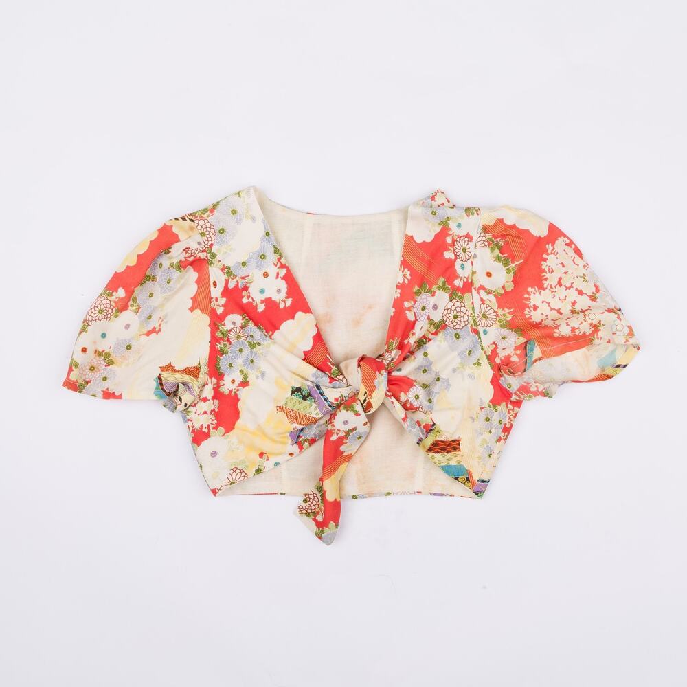 Vintage Kimono Print Floral Cropped Tie Front Top Puff Sleeve Fits approx. XS